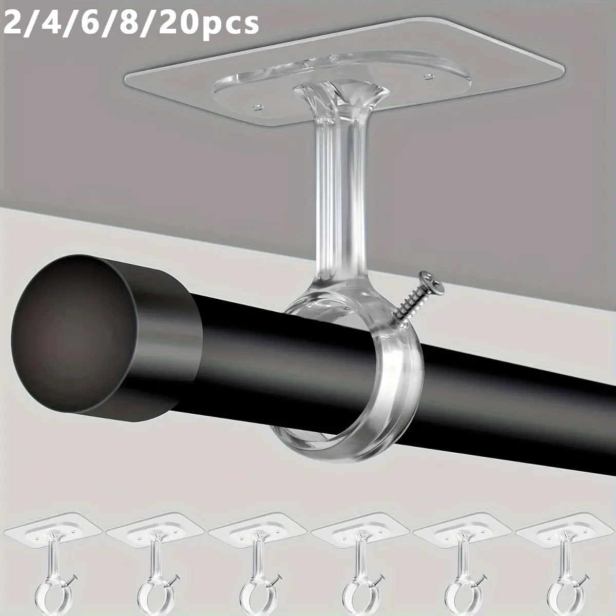 Drill-Free Ceiling-Mount Curtain Rod Brackets, Self-Adhesive Rod Hangers with No Wall Damage, Curtain Rod Holders for Home Renters' Kitchen, Bedroom & Bathroom, Sticky Curtain Brackets