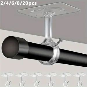 Drill-Free Ceiling-Mount Curtain Rod Brackets, Self-Adhesive Rod Hangers with No Wall Damage, Curtain Rod Holders for Home Renters' Kitchen, Bedroom & Bathroom