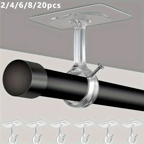 Drill-Free Ceiling-Mount Curtain Rod Brackets, Self-Adhesive Rod Hangers with No Wall Damage, Curtain Rod Holders for Home Renters' Kitchen, Bedroom & Bathroom, Sticky Curtain Brackets