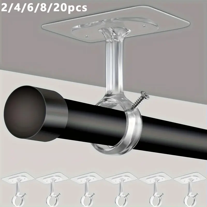 Drill-Free Ceiling-Mount Curtain Rod Brackets, Self-Adhesive Rod Hangers with No Wall Damage, Curtain Rod Holders for Home Renters' Kitchen, Bedroom & Bathroom, Sticky Curtain Brackets