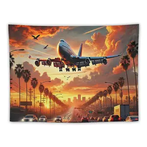 City Plane Sunset Tapestry Large Airplane Flying Low Over City Road Traffic Flowing Palm Trees and Buildings Orange - Red Sunset Sky with Flying Birds for Dynamic Vibe