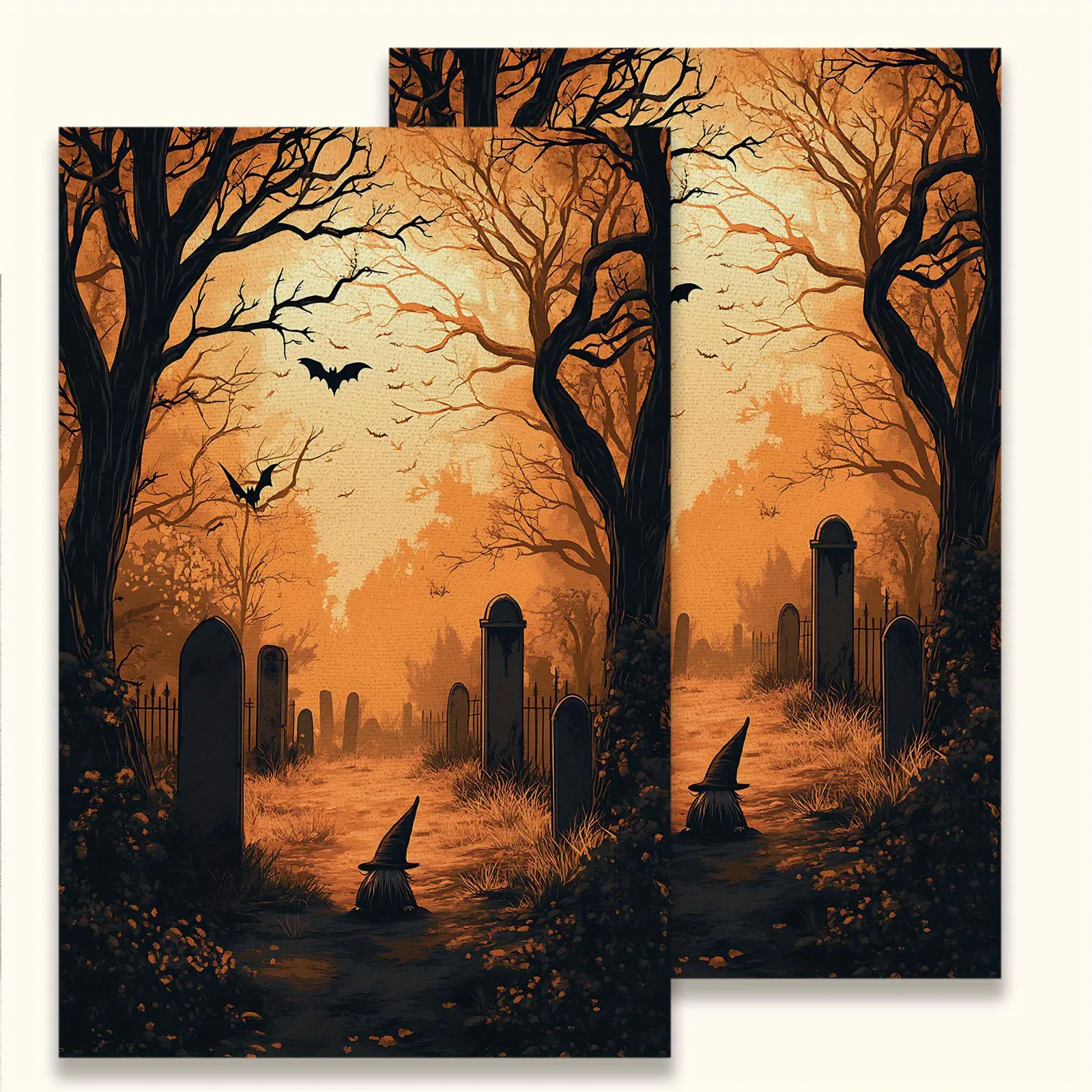 2pcs Gothic Theme Fingertip Hand Towels - Bohemian Microfiber Bath Towels with Spooky Tombstone & Witch Hat Print, Dark Brown/Black for Halloween Bathroom Decor, Graveyard Themed (Hand Wash Only), Finger Towels
