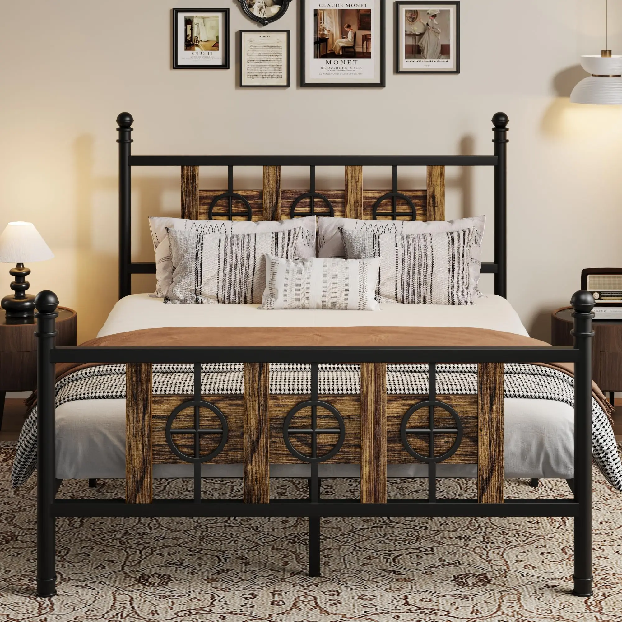 Garvee King Size Bed Frame with Headboard and Footboard, Metal King Bed Frame w/ Vintage Circular Design & Storage Space Under Bed, No Box Spring Required, Easy Assembly, Noise-Free (Brown, King)
