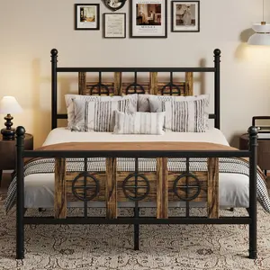 Garvee King Size Bed Frame with Headboard and Footboard, Metal King Bed Frame w/ Vintage Circular Design & Storage Space Under Bed, No Box Spring Required, Easy Assembly, Noise-Free (Brown, King)