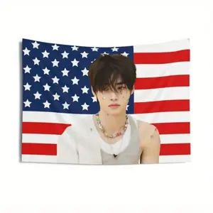 1pc American Flag Sunghoon Concert Decorative Tapestry Wall Hanging, featuring patriotic stars and stripes design. Ideal birthday and concert gift for fans. A perfect choice for giving as a present.