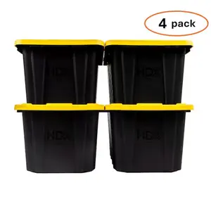 HDX 27 Gal. Tough Storage Tote in Black with Yellow Lid (4-Pack)