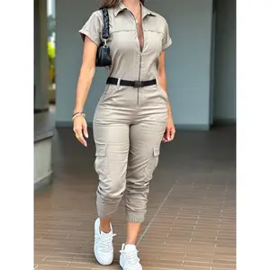 [Casual Cargo Jumpsuit] Form-Fitting Women's Casual Zip-Up Cargo Jumpsuit - Polyester Blend, Short Sleeves, Collared Design, And Functional Pockets For Casual Attire