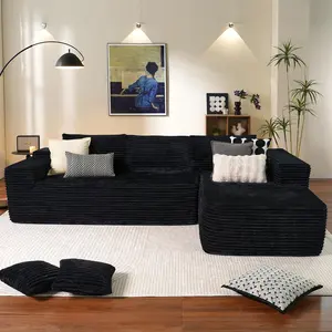 Black Sectional Couches for Living Room, Boneless Couch with L-Shape Chaise, Modular Sofa in Box with Deep Seat, No Assembly Required Corduroy Fabric Sofa