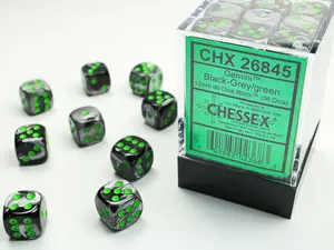 Gemini (Black-Grey/Green) Chessex Brand 12mm D6 Dice Set 36ct.