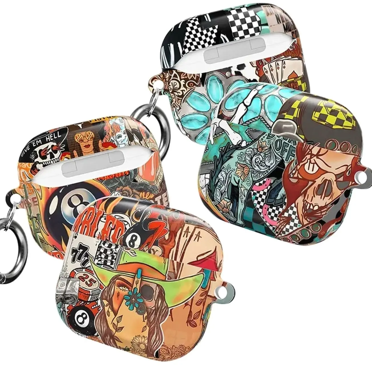 Retro Tattoo Collage Airpods Case - Bold Pop-Art Designs Featuring Skulls, Playing Cards, Checkerboard Patterns for AirPods Pro 1 2 3 , Airpod 1 2 3 4 Aesthetic Air Pods Case