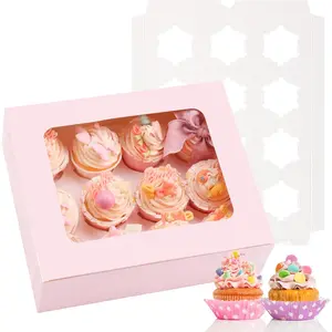 3PCS Pink Cupcake Boxes with Window, 12 Count Cupcake Containers for Cupcakes, Desserts and More