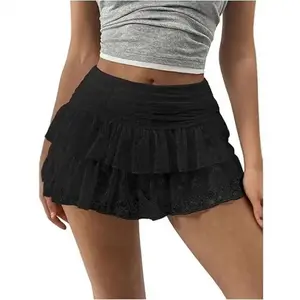 Women's Pleated Mini Skirt Sexy Lace High Waisted Ruffles Lingerie Short Skirts(Sheet)