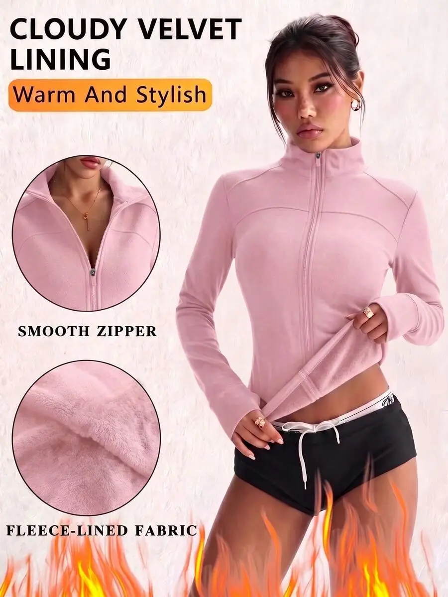 Women's Stand Collar Full Zip Thermal Lined Slim Fit Short Jacket, Warm And Flattering Long Sleeve Sports Top For Running, Fitness, Yoga, Autumn/Winter, With Thumb Holes, Versatile Outdoor Running Gym Yoga Studio Essential Jacket
