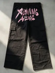 "Men's Black Pink Graffiti Graphic Wide Leg Cargo Pants | Y2K Streetwear Drawstring Casual Trousers for Daily Wear"