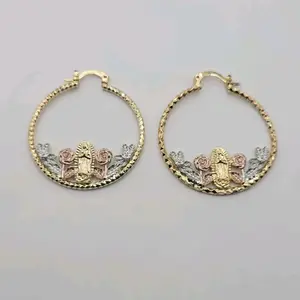 Beautiful Hoop Earrings  Virgin Guadalupe with flowers 35mm Laminated Gold Fashion Jewelry for Women Versatile Stylish Accessory