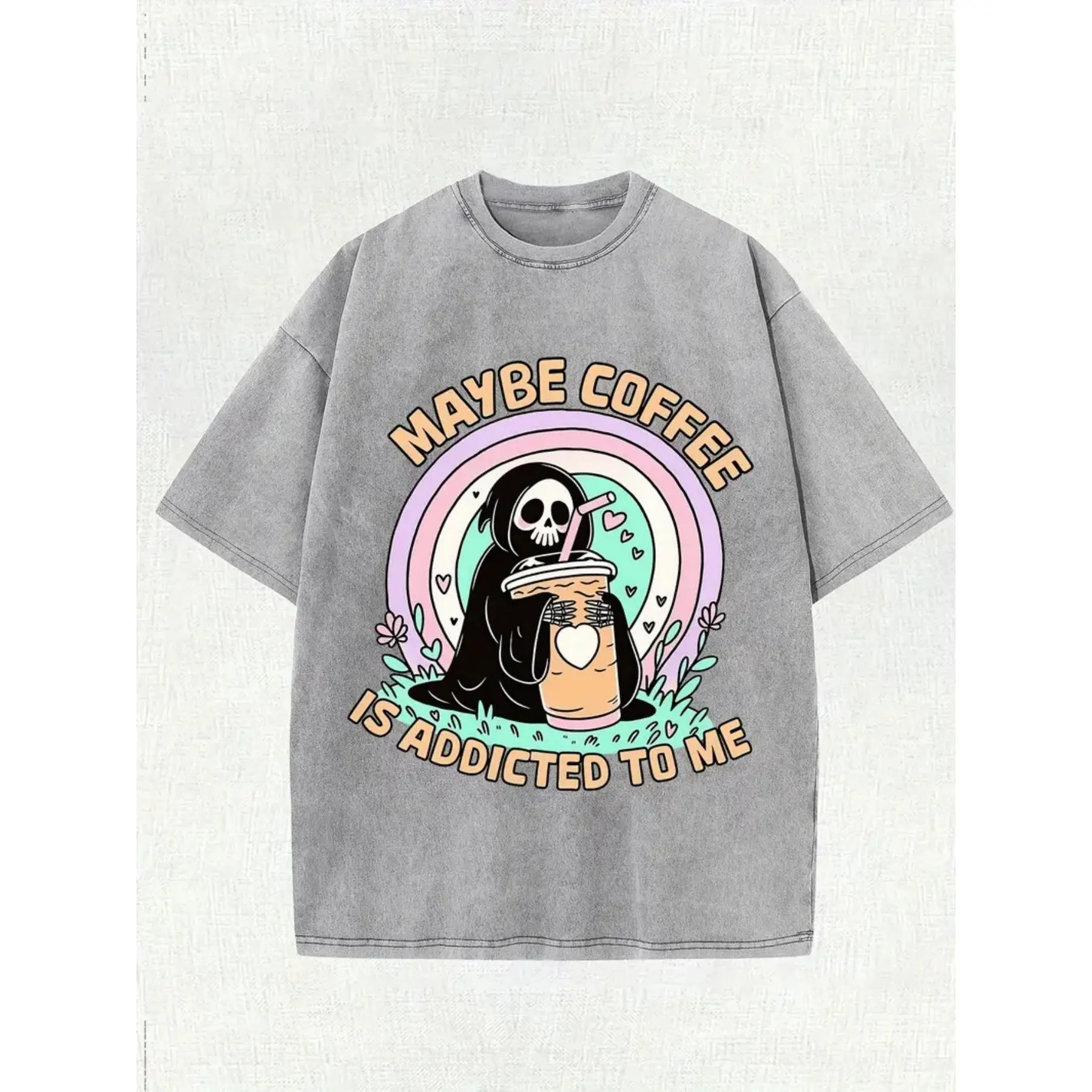 Funny Coffee Lover Graphic T-Shirt - "Maybe Coffee Is Addicted to Me" Slogan, 100% Relaxed Fit Short Sleeve Round Neck Casual Streetwear Top with Coffee Cup & Beans Print, Pink & Design for Casual Attire, Thanksgiving & Christmas Gifts