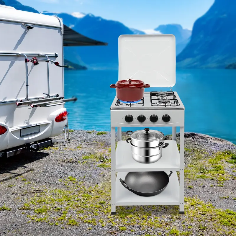 SHANGMAKEL Rectangular 4-Burner 4-Knob Gas Stove (49x49x79cm) - Spray Molding Process, NG/LPG Camping Cooking Cooktop, Emergency Prep Accessory, Manual Ignition; Hose & Regulator Sold Separately