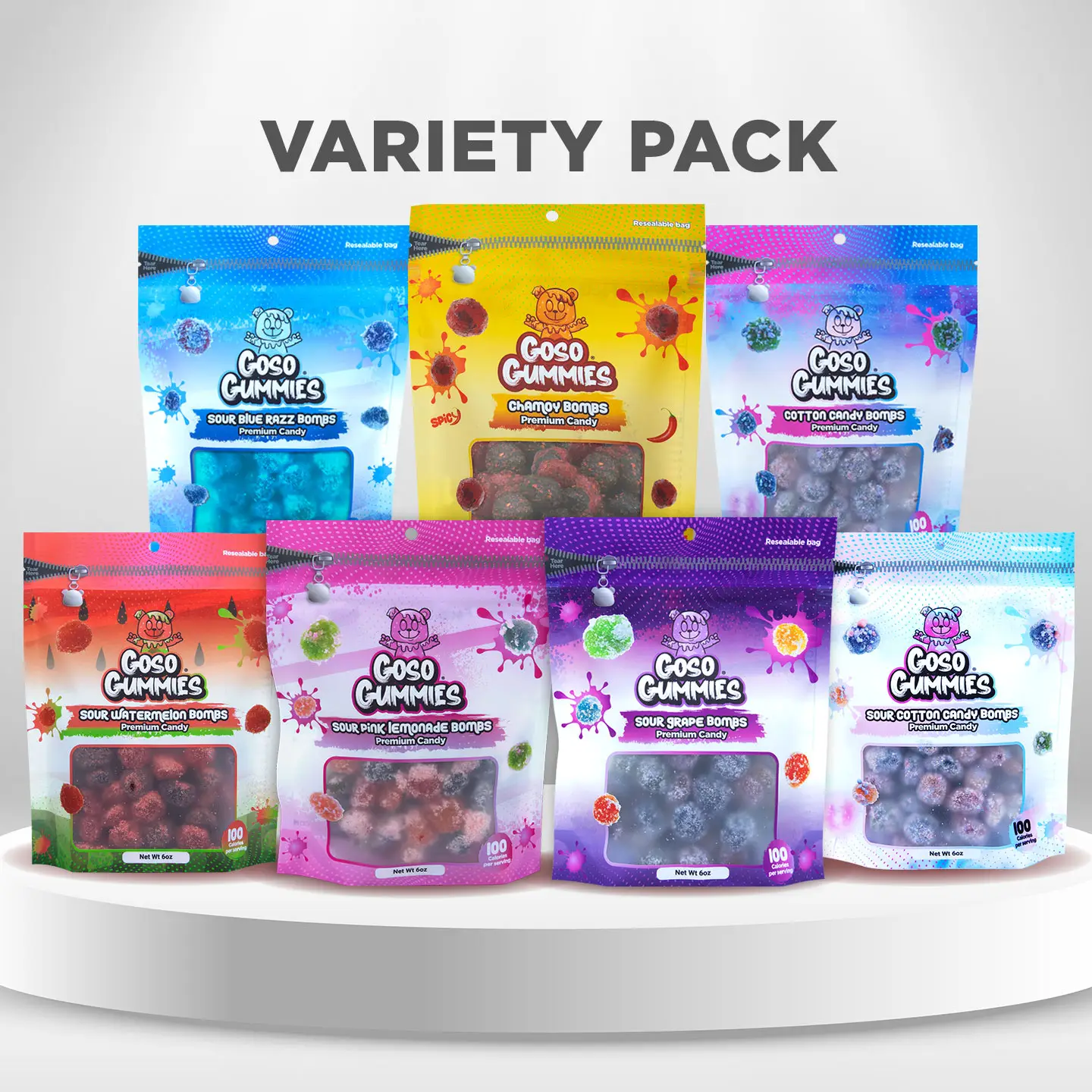 Goso Gummies 7-Bag Viral Gusher Variety Pack – 42oz Mix of Sweet, Sour & Spicy Flavors – Ultimate Gushers Candy Bundle