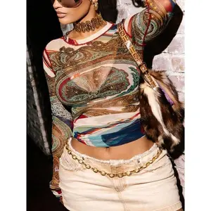 Street Style Abstract Print Mock Turtleneck Long Sleeve Sheer Mesh Fitted T-Shirt