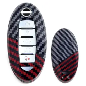 iJDMTOY Glossy Black/Red Mix Color Carbon Fiber Finish Hard Plastic Key Fob Case For Nissan Infiniti Oval Shape 2/3/4/5 Buttons Smart Key