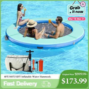 [Spring Sale] AMERLIFE 8FT/10FT/12FT Hexagon/Circle/Triangle Inflatable Water Hammock for Adults, Floating Raft Dock Platform with Mesh, Heavy Duty Water Float Dock for Lake, Beach, Summer Party