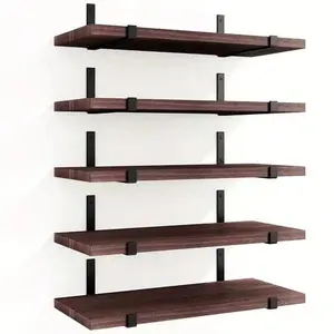 5pcs Rust Brown Wood Equal Length Wall Hanging Storage Rack Indoor Floating Shelf for Bedroom Living Room Study Room Home Organization Decor