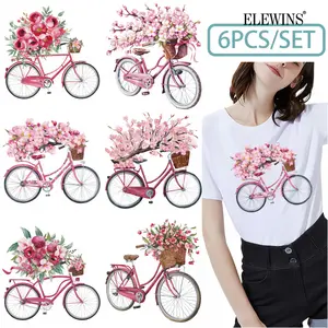 Sakura Bike Hot Stamping DTF Transfer 6 Sheets Reusable Iron on Decals for Tshirt Hoodie Jeans Backpack Pillow Machine Washable Festival Gift Creative DIY Stickers for Men Women
