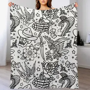 American Traditional Tattoo-Themed Throw Blanket Soft Solid Color for Couch Bed Cozy Gift Birthday Christmas Mother's Day