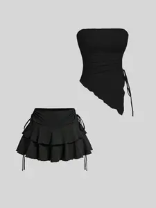 Women's Solid Ruffle Trim Skirt & Sleeveless Tube Top Two-piece Set, Casual Fashion Cozy Fitted Two Piece Outfits for Daily Outdoor Wear, Ladies Clothes for Summer, Womenswear, Basic