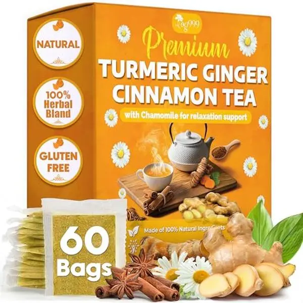 Premium Herbal Tea Blend, Daily Comfort & Relaxing Tea Ritual, Botanical Tea with Turmeric, Ginger, Cinnamon & Chamomile Flowers. Eco-Conscious Tea Bags, No Sugar, No Caffeine, Gluten-Free, Vegan. (60 Tea Bags)