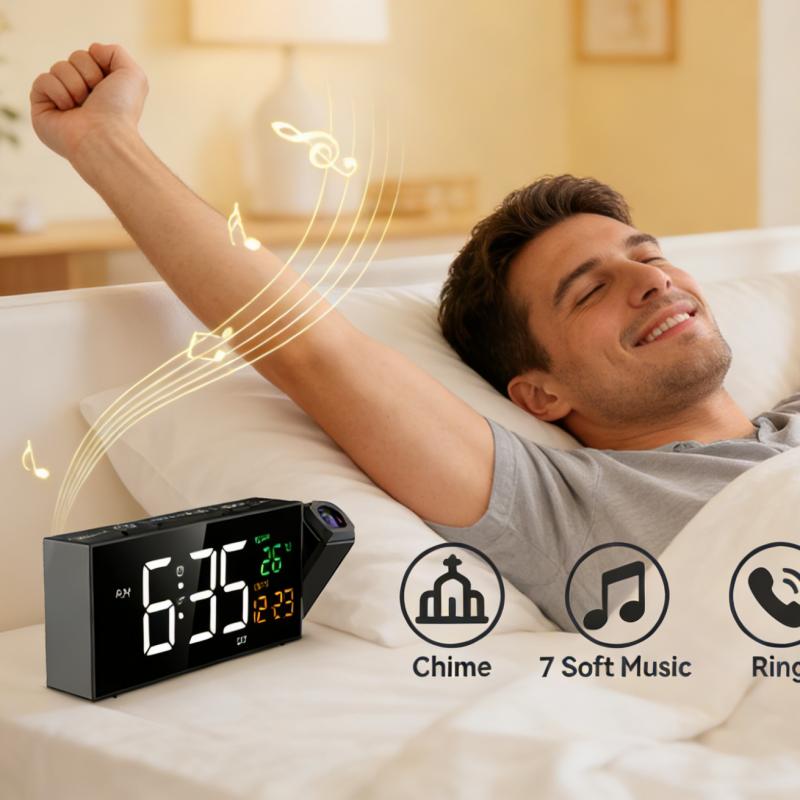 Projection Clock for Bedroom Ceiling, Alarm Clocks with 180° Rotatable Projector, Date Temperature and Weekday, Manual DST, 5 Brightness Levels, 10 Ringtones, 4 Volume Levels and Snooze (Black)