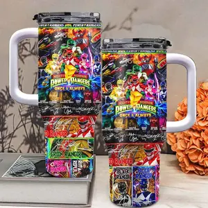 Mighty Morphin Power Rangers 40oz Tumbler with Handle, Once & Always Retro Rangers Cup, Red Blue Green Pink Ranger Fan Gift, 90s Superhero Collage Mug, Insulated Stainless Steel Travel Cup