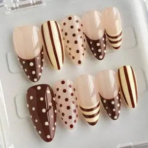 Custom Brown Dot & Stripe Press On Nails, Cute Chocolate Swirl Almond Nail Set, Handmade Reusable Nail Tips
