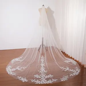 Romantic floral lace wedding veil, Cathedral wedding veil long, Elegant ivory bridal veil, Soft tulle veil, Handmade chapel wedding veil, Vintage church wedding veil