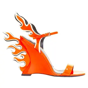Pre-owned Prada Women's Prada Flame Wedge neon orange patent Fire heel sandal by Rebag