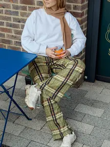 Women's Plaid Casual Pants, Multifunctional Patchwork Button Zipper Straight Leg Design, Perfect for Daily Wear