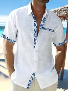 Men’s linen short-sleeve shirt with color blocking, suitable for summer and beach wear, featuring a loose button design and a solid white pattern, ideal for vacations.