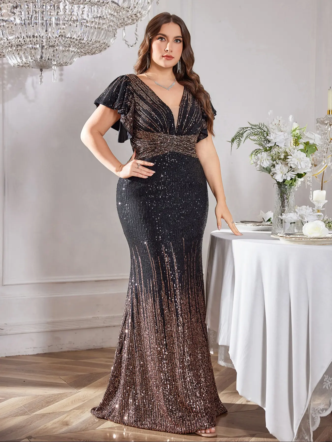 Elegant V Neck Fitted Mermaid Flared Women Evening Dress, Contrast Sequins & Ruffles Design, Perfect for Formal Events & Parties