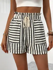 Women's Striped Print Drawstring Waist Shorts, Casual Boho Shorts, Casual Elastic Waist Shorts for Spring, Fashion Women's Bottoms for Daily Wear