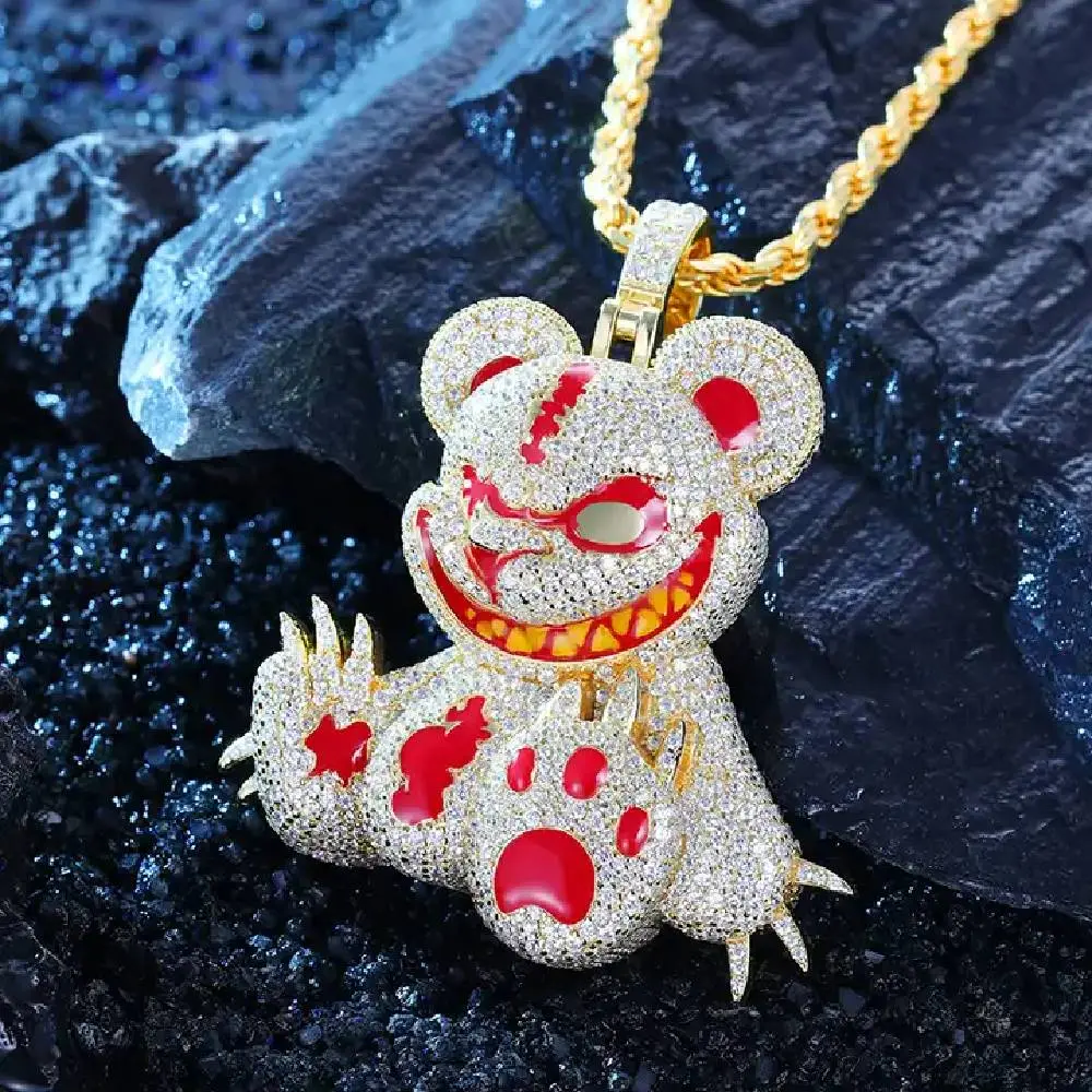 HELLOICE Micro Pave Evil Bear 3D Cartoon Enamel Pendant with 3mm 24inches Rope Chain