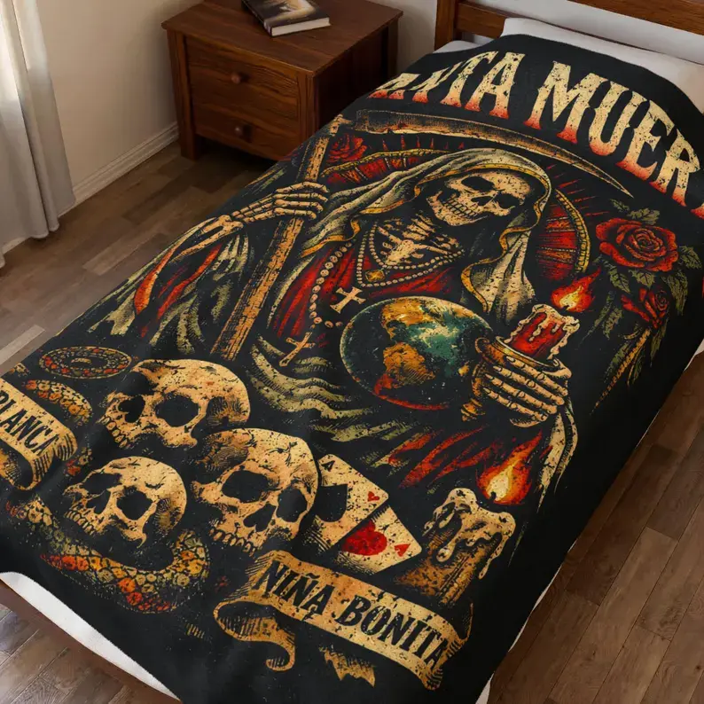 Santa Muerte Blanket: Niña Blanca Velveteen Plush Throw | Mexican Folk Fan Gift | Narco Saint Art Latino Culture | Gothic Home Decor Throw Home Party Holiday Decor Christmas and Halloween and Birthday