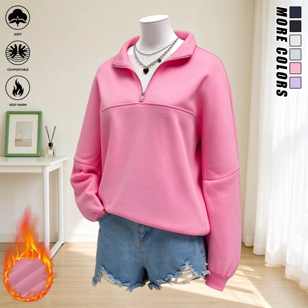 Women’s half-zip casual pullover sweatshirt, solid color, loose fit, soft and comfortable, warm top suitable for outdoor sports and workouts, women’s sweatshirt, women’s long-sleeve top, womenswear
