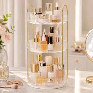 360° Rotating Makeup Organizer with Luxury Metal Stand | Premium PET Large Capacity Skincare & Perfume Display | Spinning Vanity Countertop Cosmetic Holder | Perfect Aesthetic Gift for Women Mom
