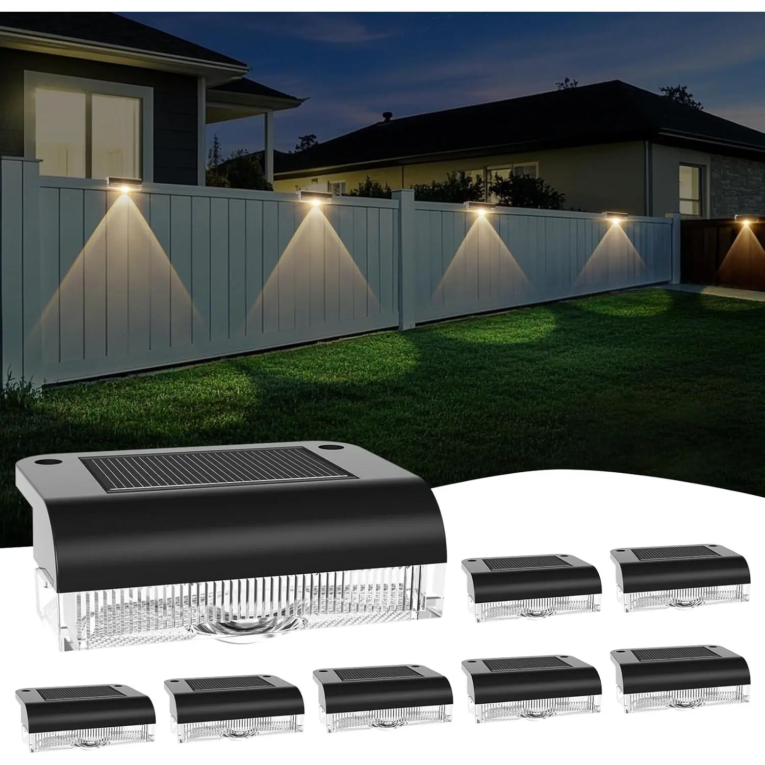 Solar Fence Lights Outdoor, LED Solar Deck Light , 8 Pack Balcony Lights Outside Solar  for Outdoor Stairs, Step, Railing, Yard, Patio Decor, Warm White