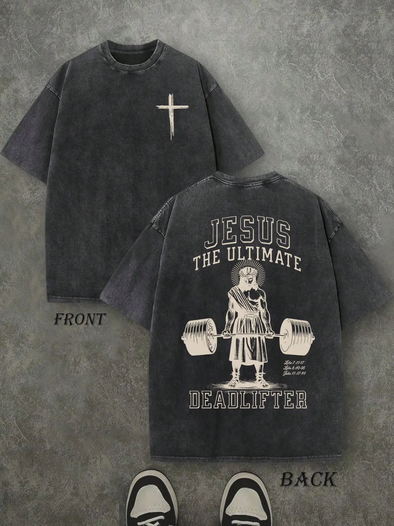 Retro Washed Fitted Round Neck T-Shirt Double Sided Printed in 100 Pure Cotton Breathable, 'jesus the Ultimate Deadlifter' Geometric Graphic Tee, Comfortable Casual Streetwear Style Fashion
