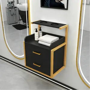 CNCEST Salon Wall Cabinet, Modern Barber Storage with 2 Drawers & Hair Dryer Holder 15.75 Inch Black and Gold Wall Mounted Organizer for Salon, Bathroom & Home