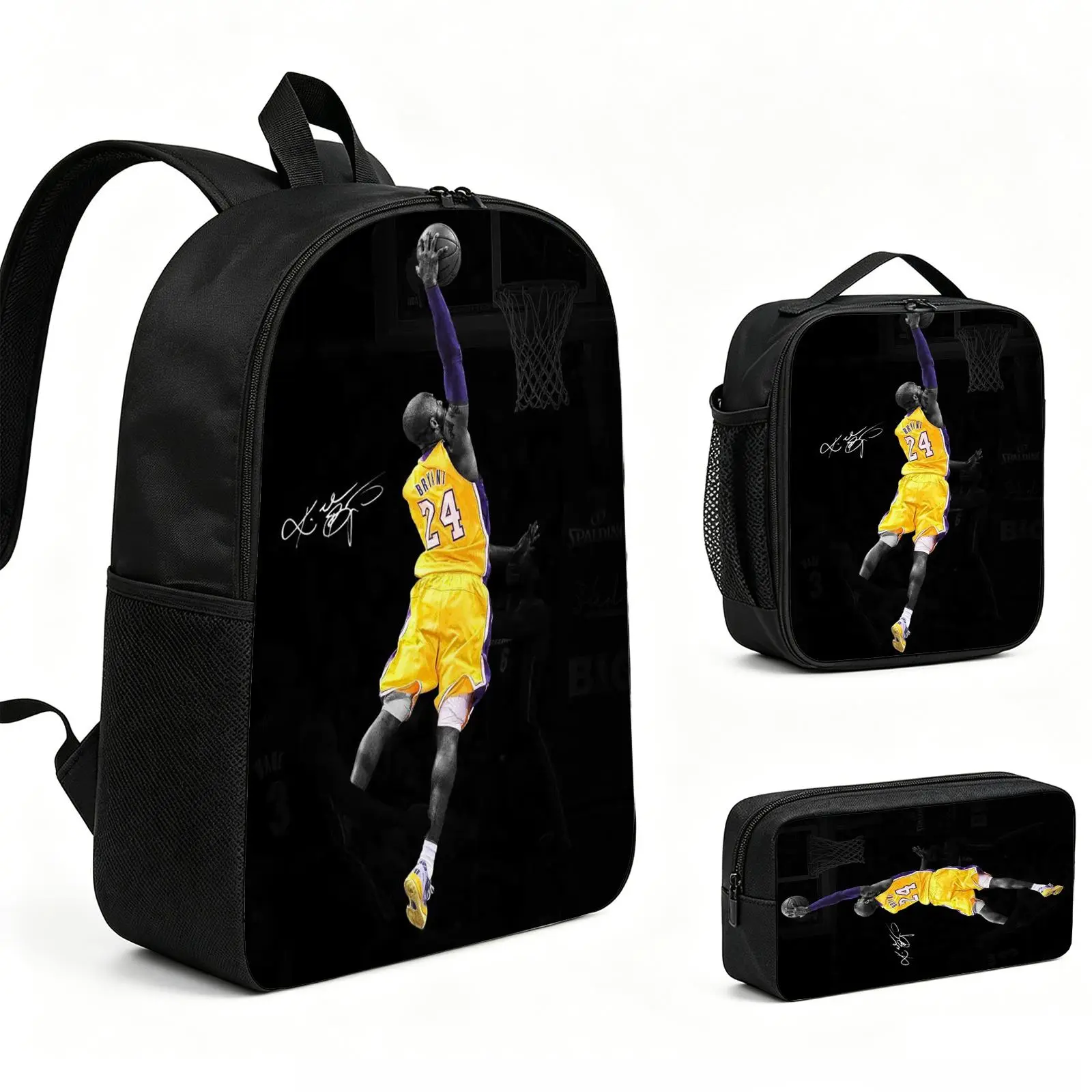 Kobe Bryant Backpack 3pcs Set with Vibrant Print, Durable School Bookbag with Insulated Lunch Tote and Pencil Bag for Teens Boys Girls, Multi-Functional Laptop Travel Daypack Gift for Kids L-77