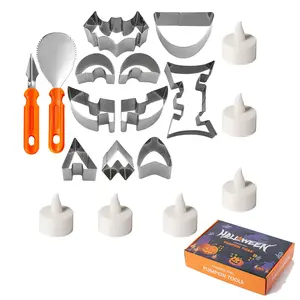 18Pcs Halloween Pumpkin Carving Tools DIY Kit, Stainless Steel 10 Molds with 2 Tools for Decoration, 6 Flameless Tea Lights Candles, Gift Box, for Creative Pumpkin Lanterns, Party and Gifts Ideas, Day of the Dead