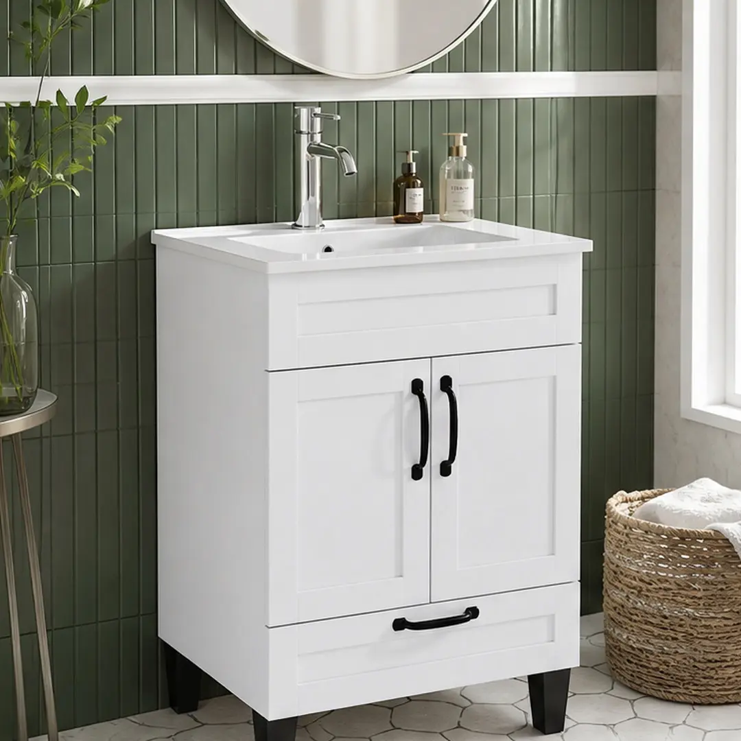 ARCH 24-Inch Bathroom Vanity Cabinet with Sink Combo, White Particle Board Floor Cabinet with 2 Doors and 1 Big Drawer, Soft Close Hinge, Black Metal Handle and Feet, Modern Bathroom Storage Cabinet for Large Bathrooms, Easy Assembly