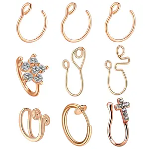 OIDEA Faux Nose Ring Septum Hoop Set 16G 18G 316L Surgical Steel Non-Piercing Clip-On Cartilage Body Jewelry 9PCS Rose Gold Tone